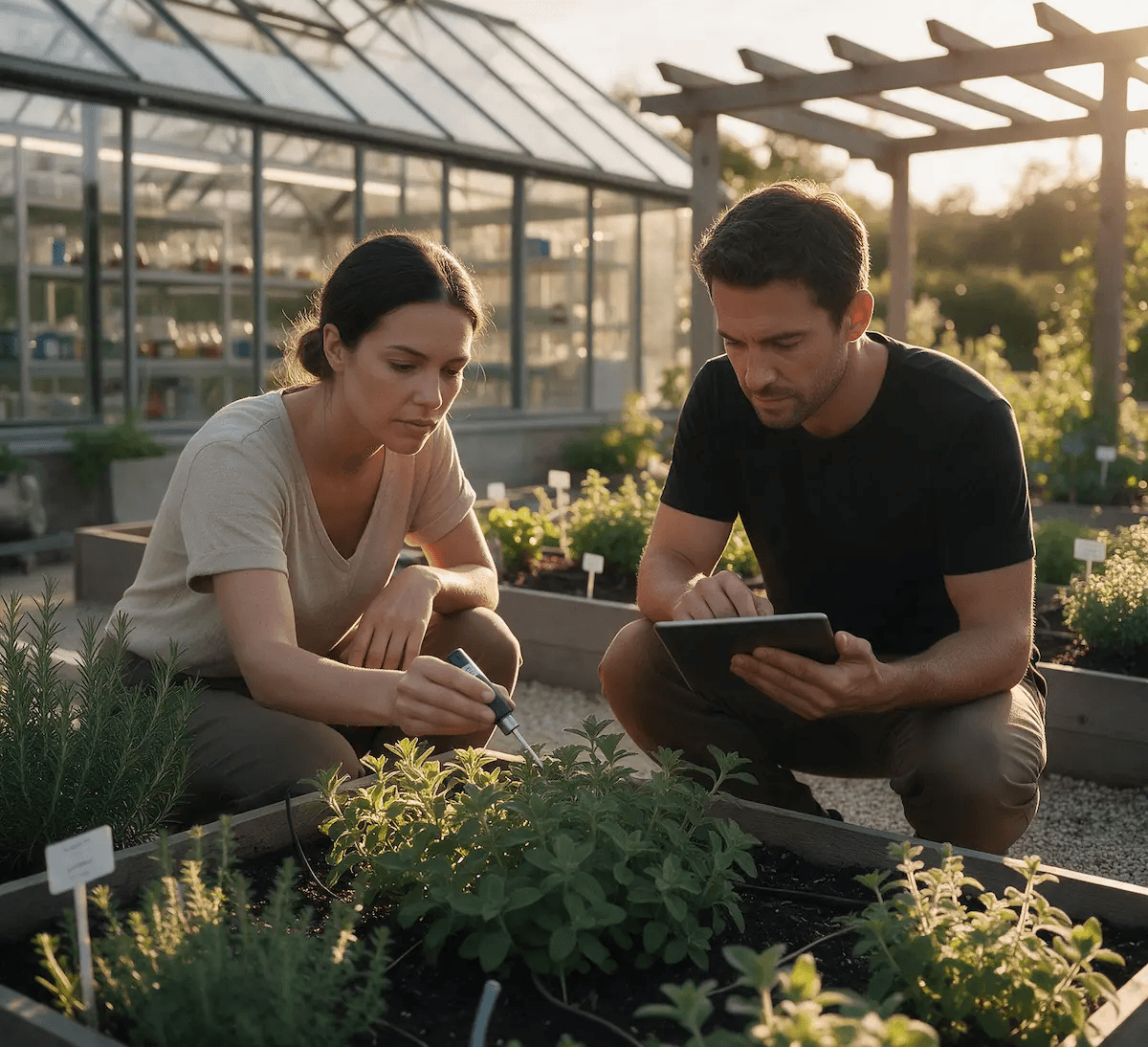 Zwei Forschende untersuchen Kräuter in einem Versuchsbeet, mit Sensor und Tablet