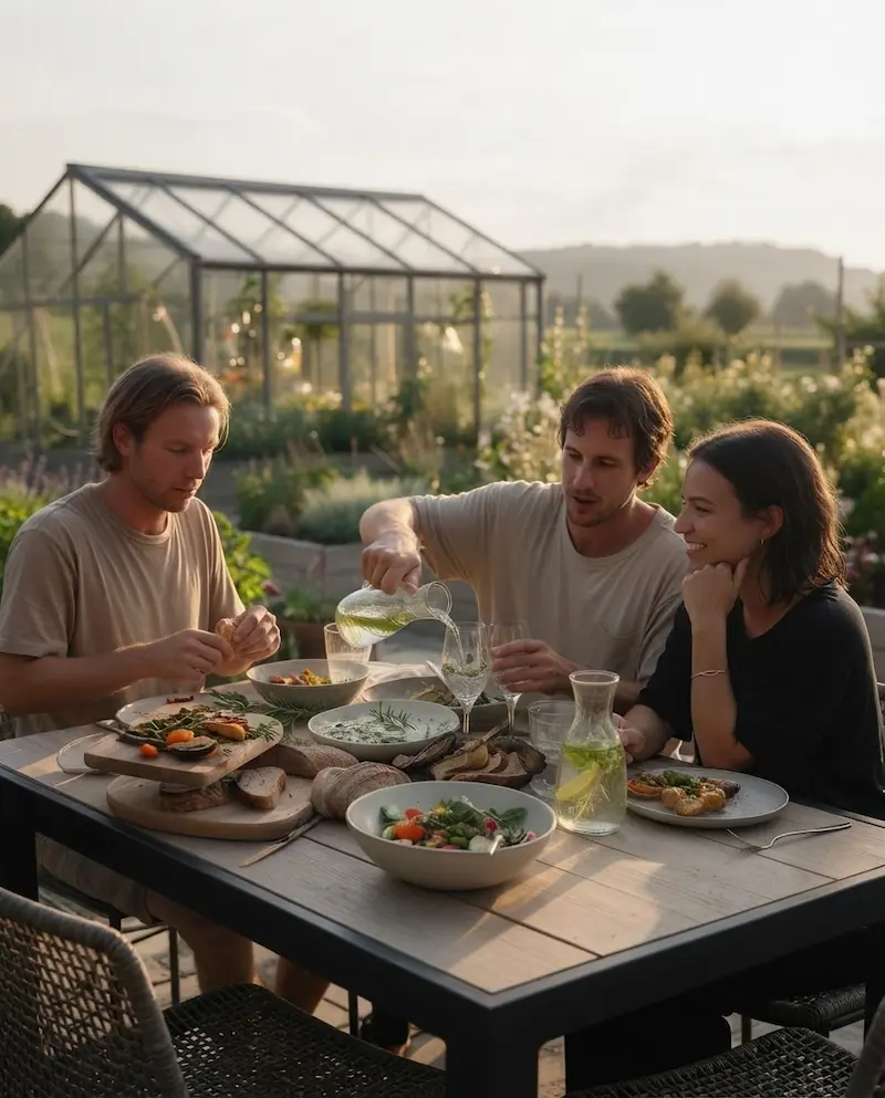Freunde essen gemeinsam an einem langen Holztisch im Kräutergarten, im Hintergrund ein Glashaus