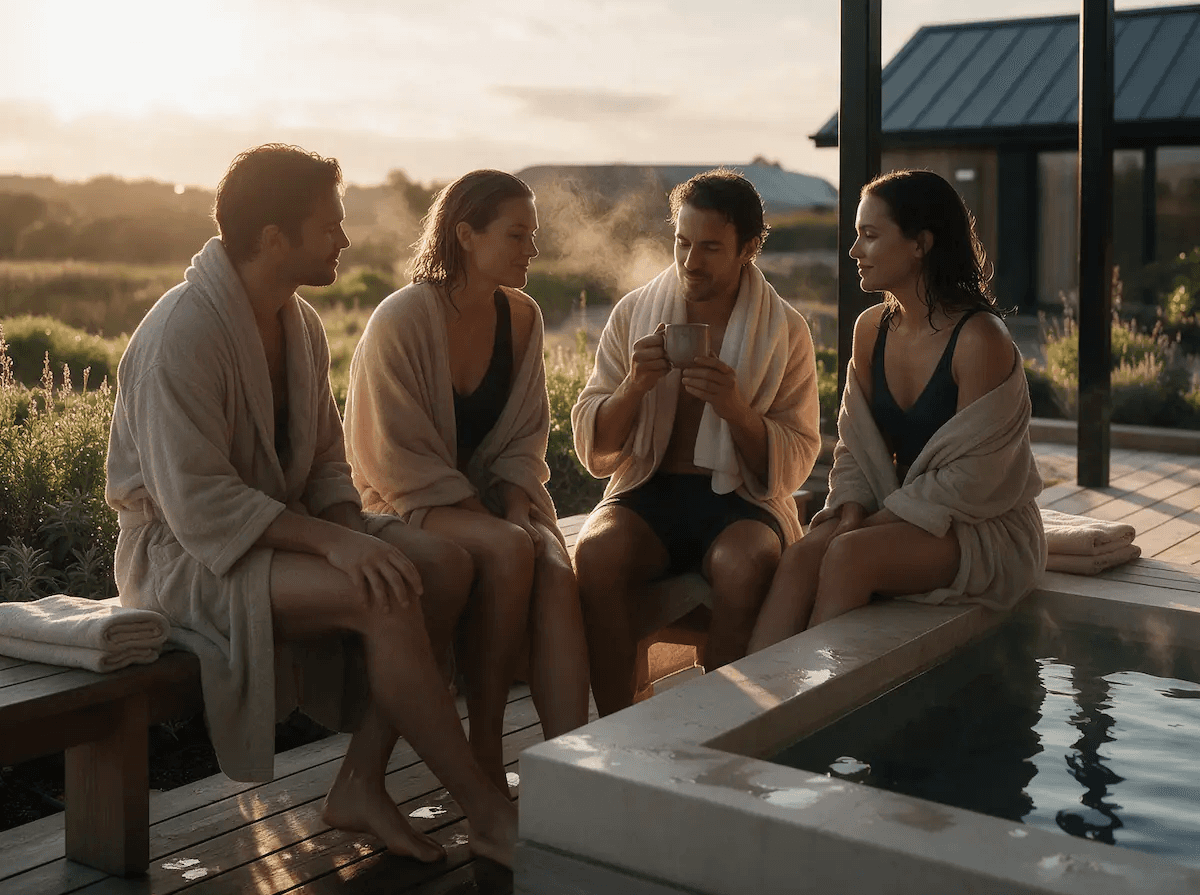 Eine Gruppe sitzt nach dem Cold Plunge am Steinbecken und ruht sich aus